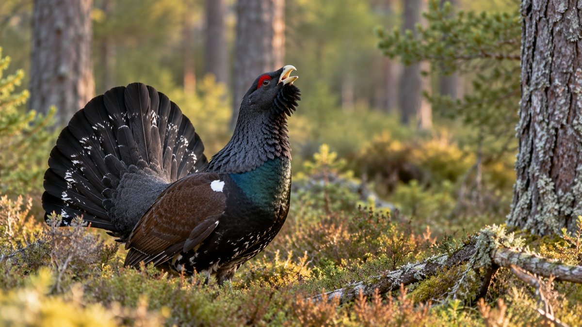 Male capercaillie displaying among heather and pine trees in a Scottish Highland forest.