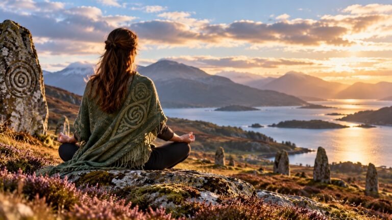 Celtic Yoga meditation in a Scottish Highland landscape with loch, mountains and standing stones.