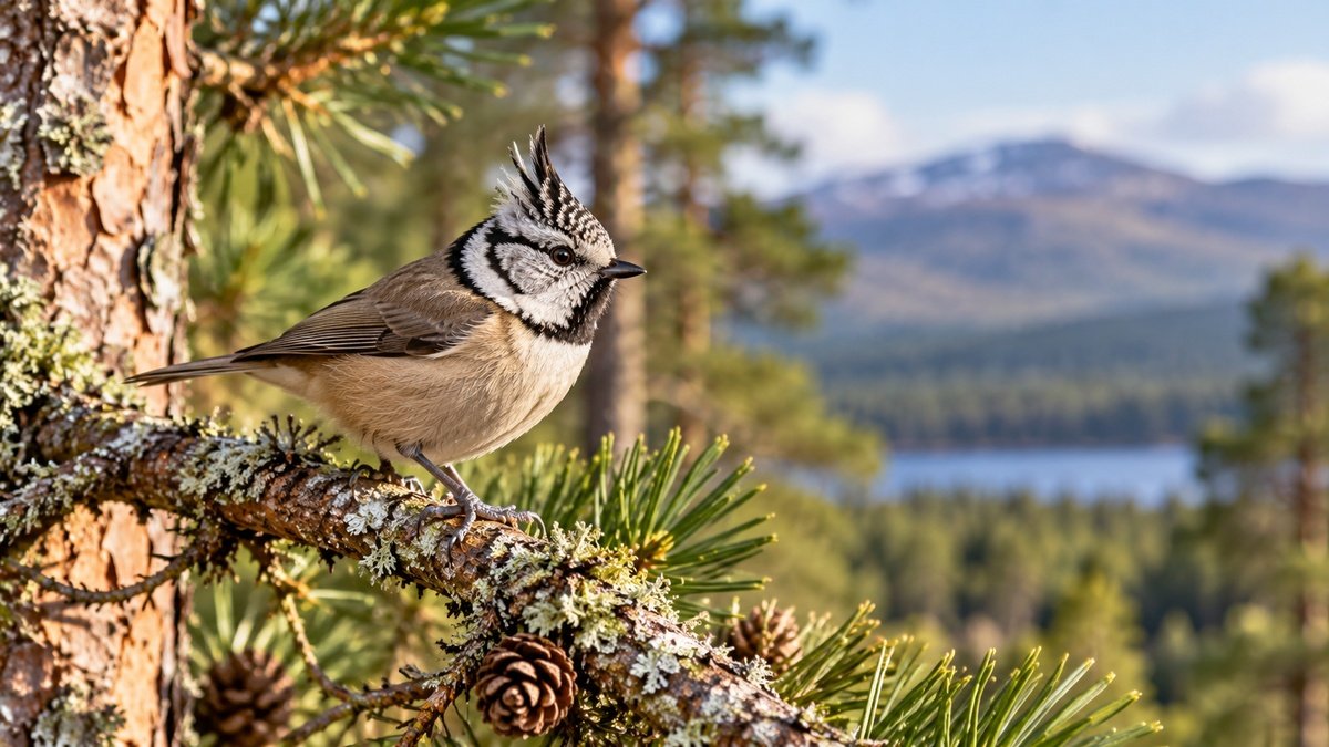 Crested tit perched on a pine branch in a Scottish Highland forest with mountains in the background.