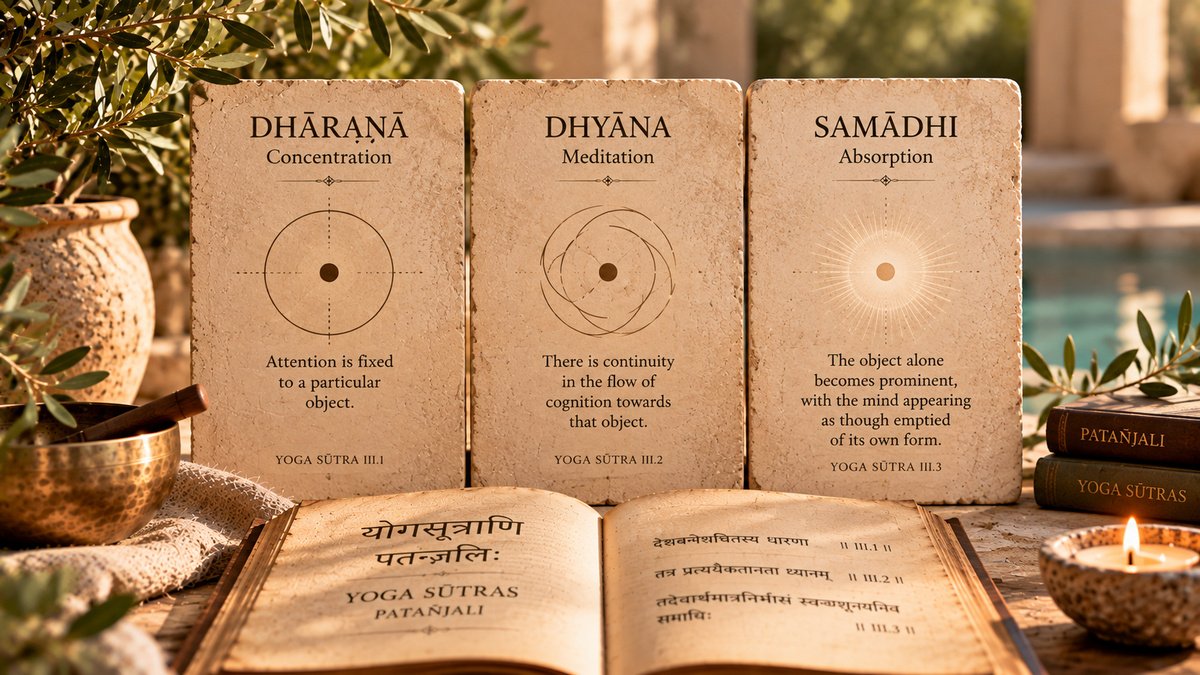 Dhāraṇā, dhyāna and samādhi represented as concentration, meditation and absorption alongside Patañjali’s Yoga Sūtras.
