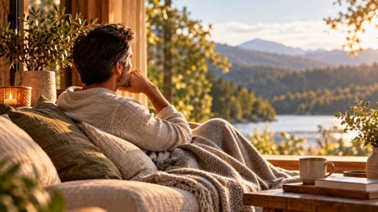 Difficulty resting represented by a man pausing quietly beside a window overlooking a peaceful lake and mountains.