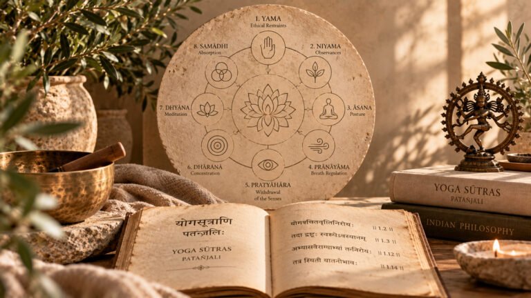 The eight limbs of yoga illustrated alongside Patañjali’s Yoga Sūtras in a warm contemplative setting.