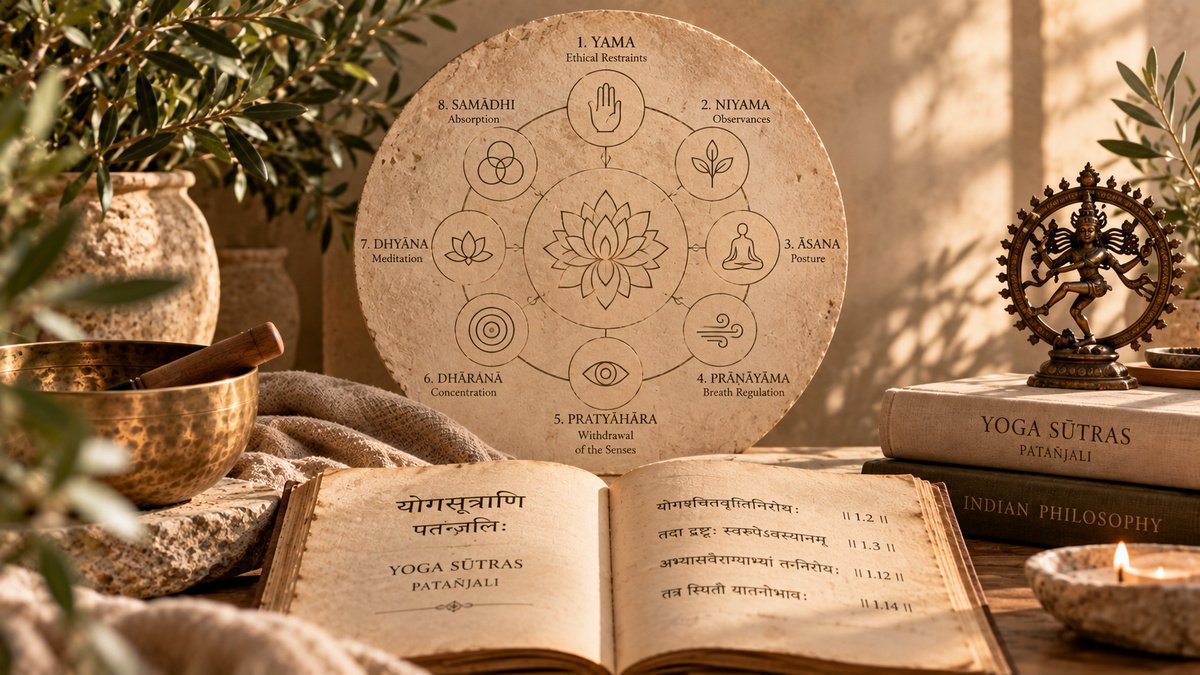 The eight limbs of yoga illustrated alongside Patañjali’s Yoga Sūtras in a warm contemplative setting.