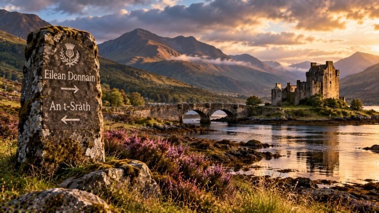 Gaelic place names represented by a stone waymarker beside a loch, bridge and mountains in the Scottish Highlands.