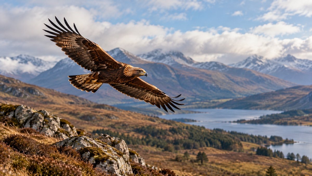 Golden eagle flying over a mountain and loch landscape in the Scottish Highlands.