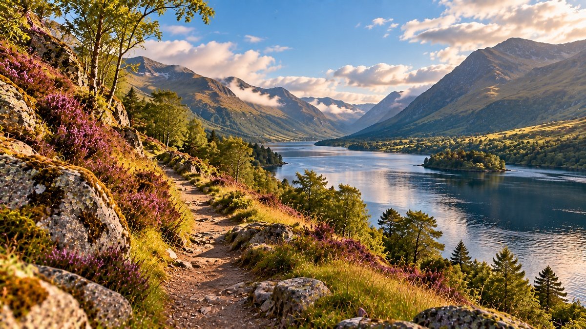 Walking trail through the Great Glen beside a Highland loch, surrounded by mountains, woodland and heather.