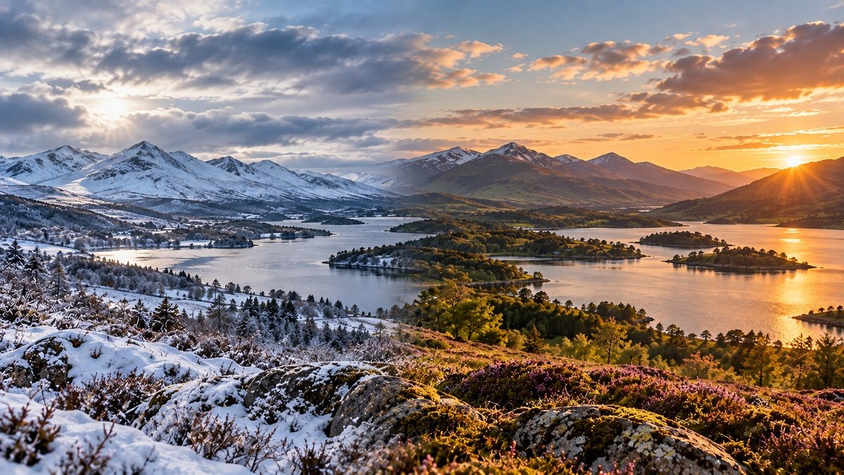 Highland light across winter and summer, showing the same Scottish Highland loch and mountains in snowy winter and warm summer light.