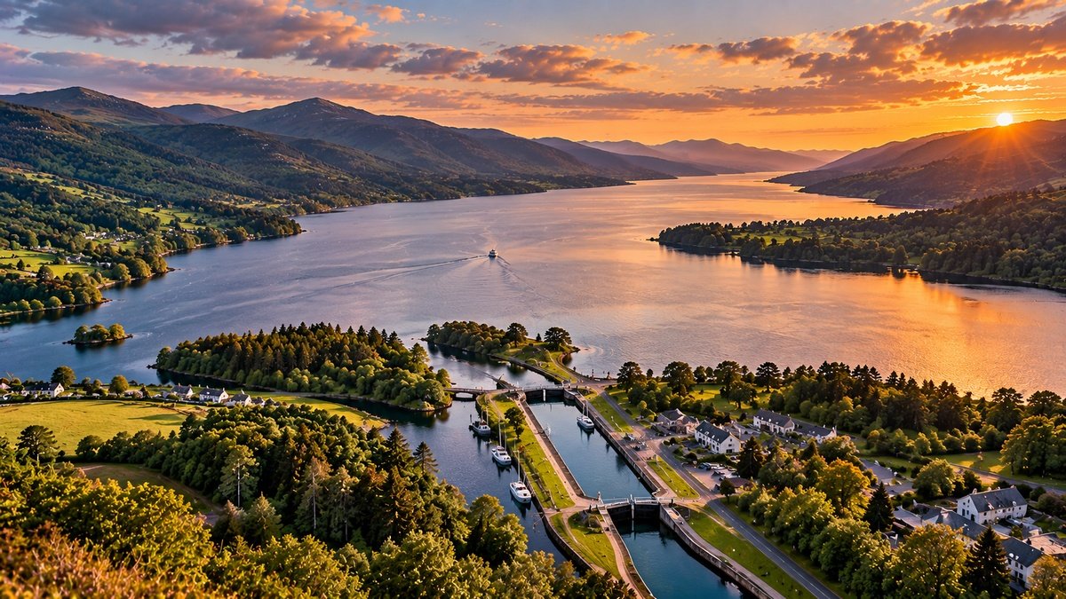 Aerial view of the Caledonian Canal meeting Loch Ness, surrounded by the Highland landscape and mountains.