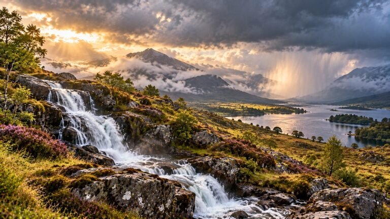 Highland weather over a Scottish landscape with a cascading waterfall, mountains, loch, mist, rain and changing light.