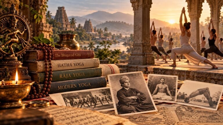 Historical representation of the development of modern yoga, combining traditional Indian yoga with early modern postural practice.