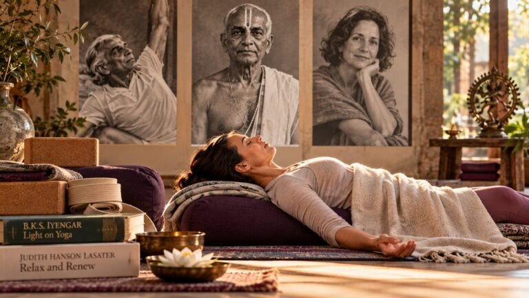 Supported Restorative Yoga practice with bolsters, blankets and yoga props in a calm, sunlit studio.