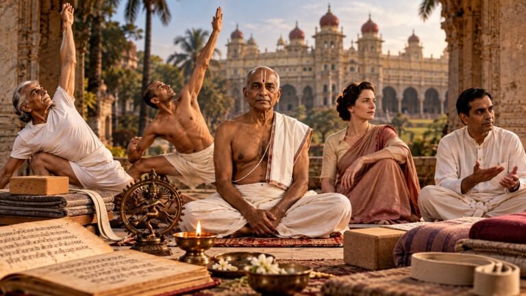 Editorial representation of Krishnamacharya and the different teaching traditions that influenced the development of modern yoga.