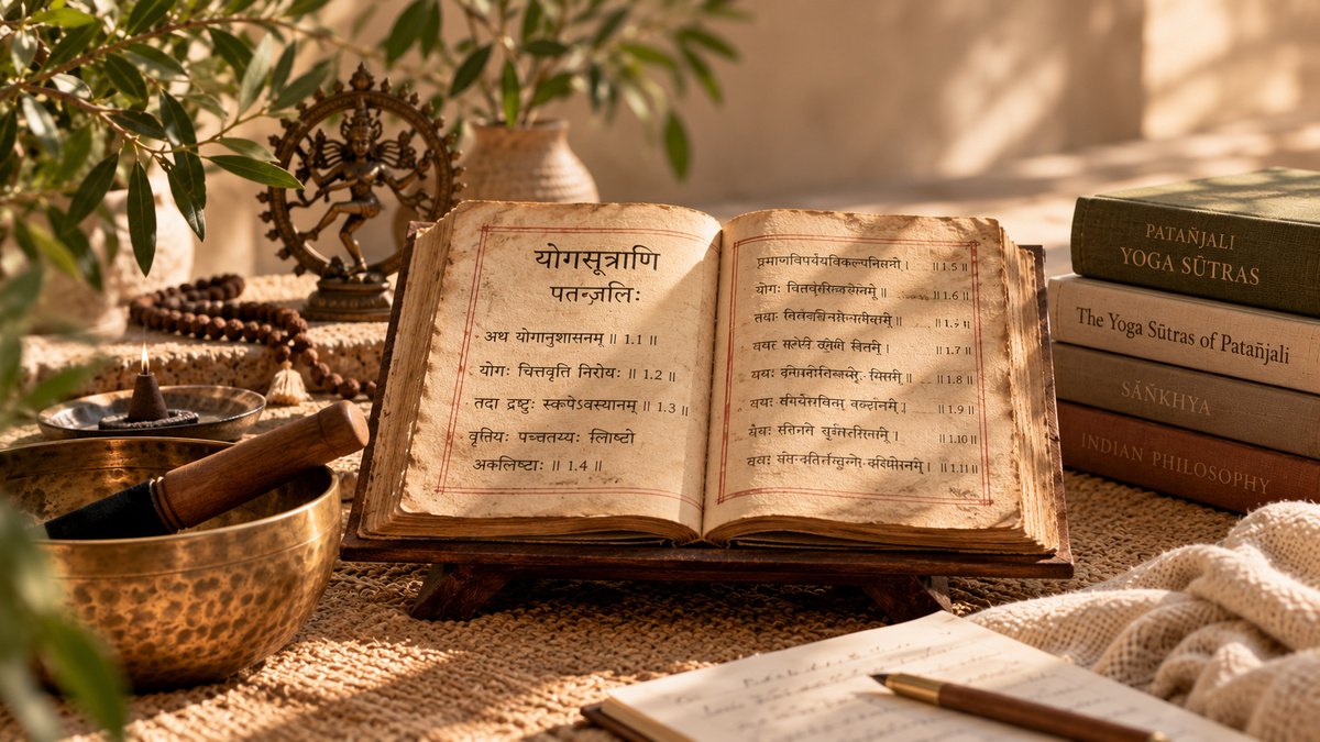 Open Yoga Sūtras of Patañjali manuscript with Sanskrit text in a contemplative yoga study setting.