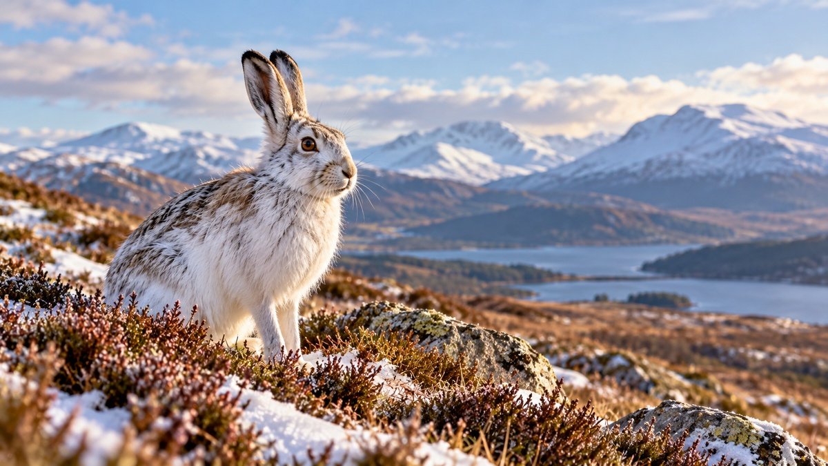 Mountain hare in its pale winter coat among heather and snow in the Scottish Highlands.