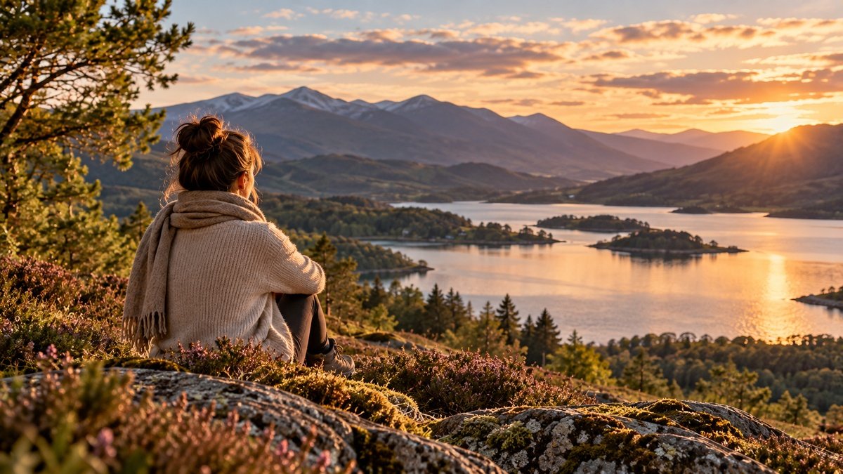Nature and wellbeing represented by a person overlooking a Highland loch, woodland and mountains in warm evening light.