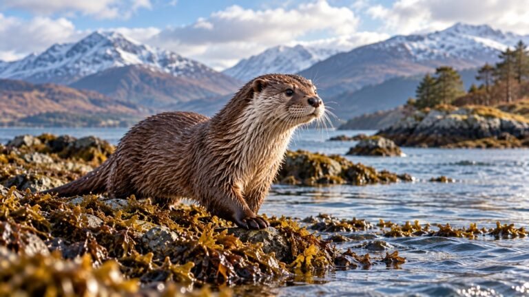 Otter beside a Highland loch in Scotland with rocky shoreline, woodland and mountains in the background.