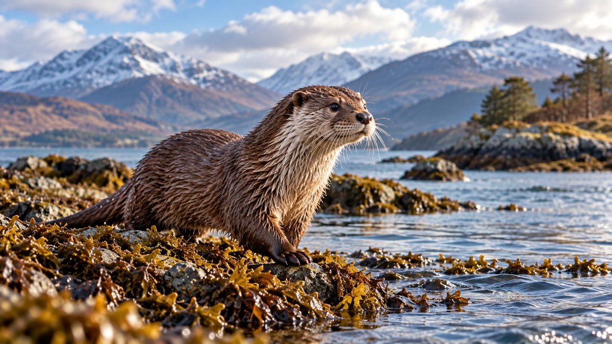 Otter beside a Highland loch in Scotland with rocky shoreline, woodland and mountains in the background.