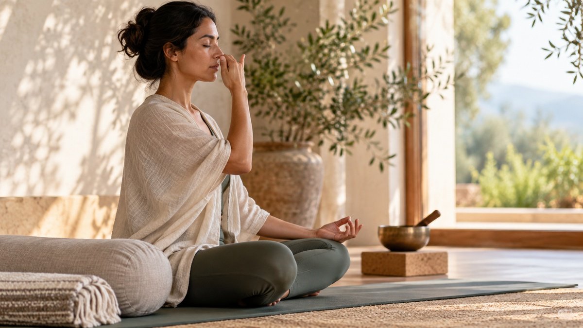 Pranayama breath practice with alternate-nostril breathing in a calm, supported yoga setting.
