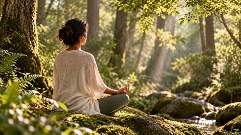 Pratyahara meditation practice in a quiet forest surrounded by trees, ferns and natural light.