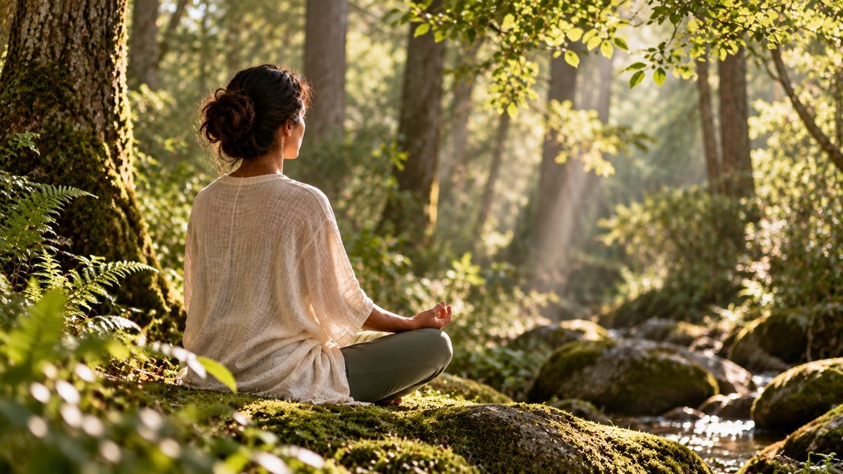 Pratyahara meditation practice in a quiet forest surrounded by trees, ferns and natural light.