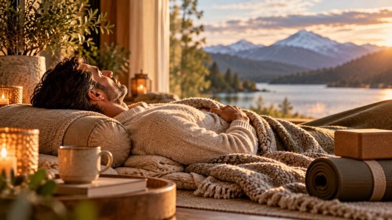 Pressure to relax represented by a quiet resting space with cushions, blankets and soft natural light.