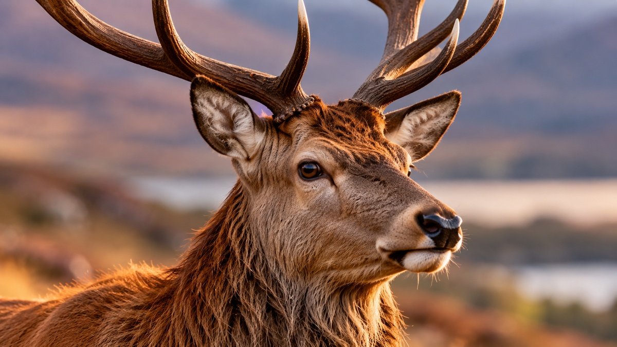 Close-up of a red deer stag in Scotland with large antlers against a softly blurred Highland landscape.