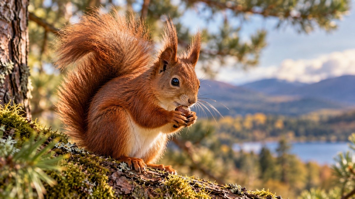 Red squirrel in Scotland perched on a moss-covered branch in a Highland woodland.