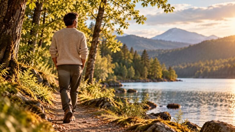 Rest without stillness represented by a man walking quietly beside a forest lake in warm natural light.