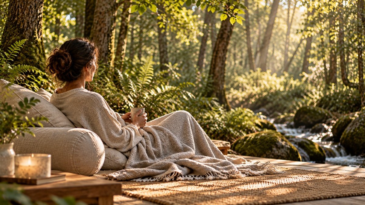 Rest and relaxation in nature, with a woman resting beside a woodland stream in warm sunlight.
