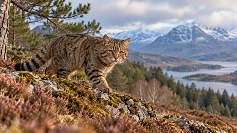 Scottish wildcat walking across a Highland landscape with woodland, loch and mountains in the background.