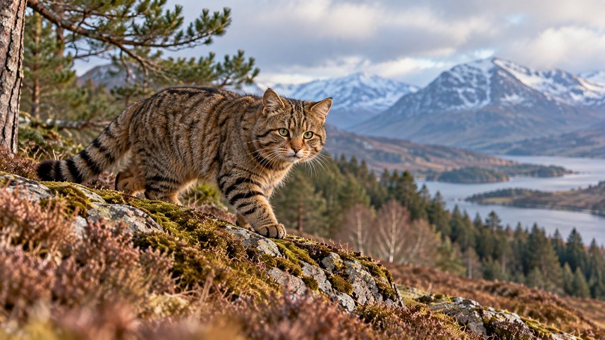 Scottish wildcat walking across a Highland landscape with woodland, loch and mountains in the background.