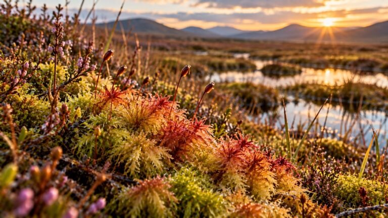 Sphagnum moss growing across Highland peatlands with heather, bog pools and mountains in the distance.