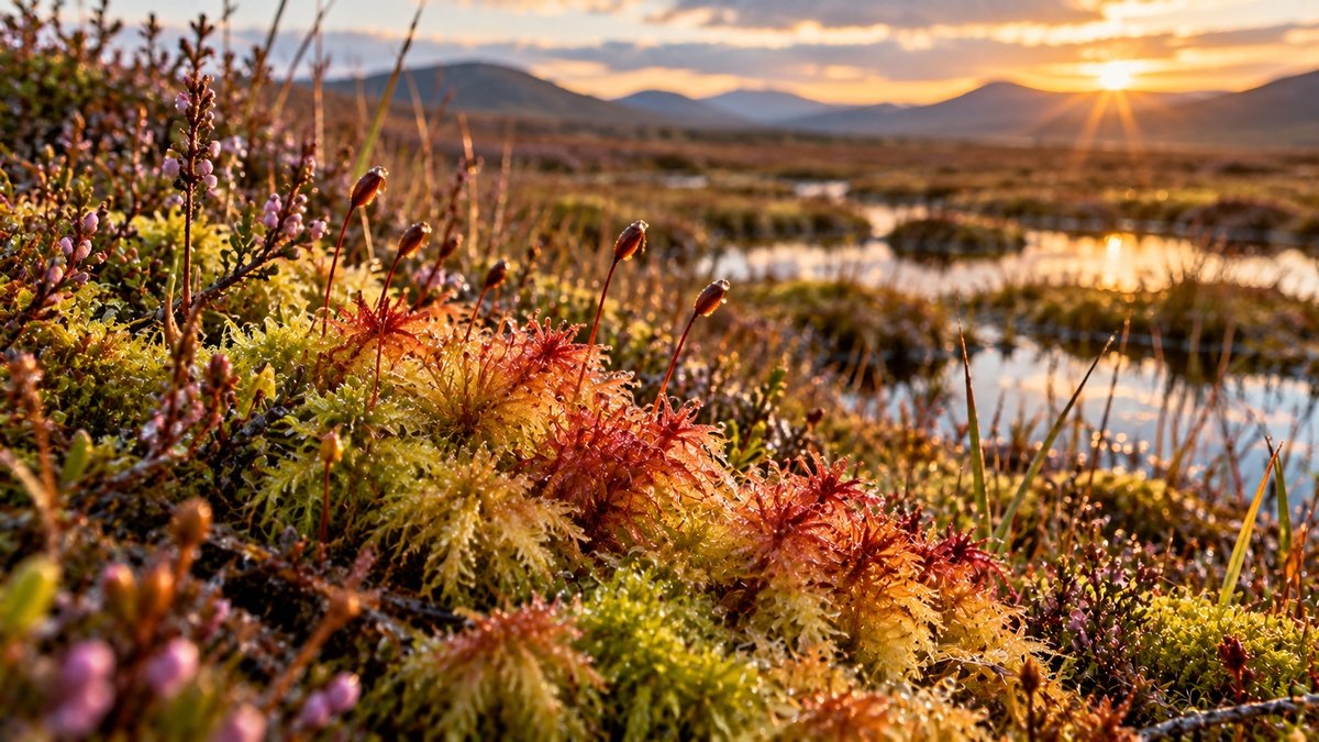 Sphagnum moss growing across Highland peatlands with heather, bog pools and mountains in the distance.