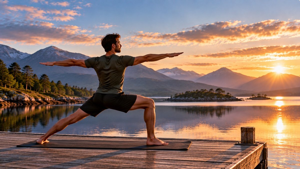 Man practising Vinyasa Yoga in Warrior II on a mat beside a Highland loch with mountains in the background.