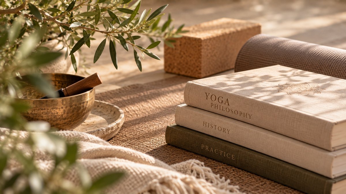 Yoga philosophy books beside a singing bowl and yoga props in a warm, sunlit practice space.