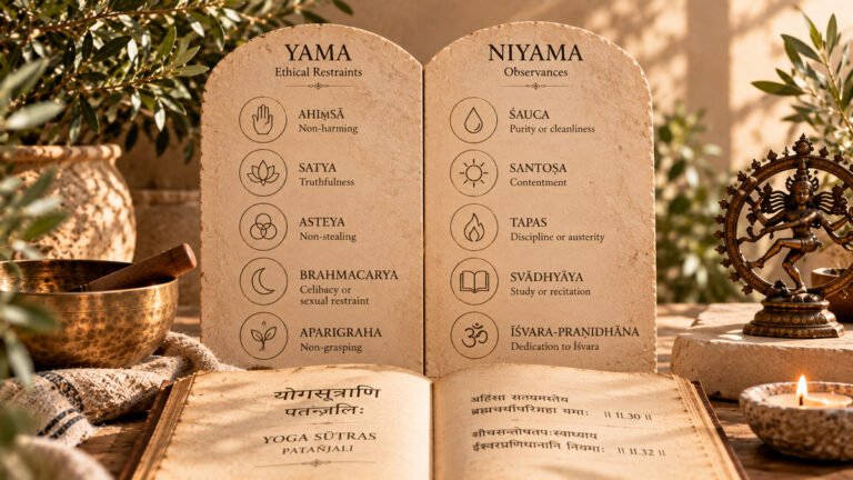 Yama and niyama principles illustrated alongside Patañjali’s Yoga Sūtras in a warm contemplative setting.