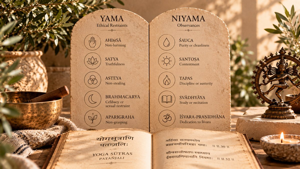 Yama and niyama principles illustrated alongside Patañjali’s Yoga Sūtras in a warm contemplative setting.