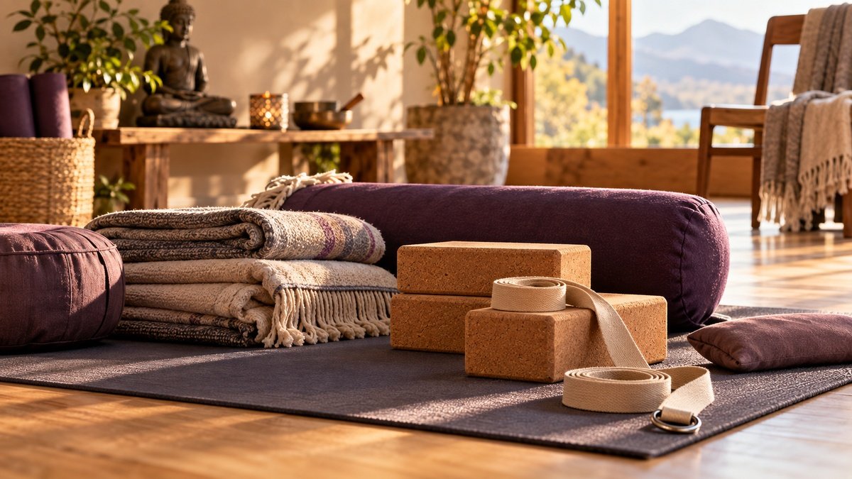 Yoga props including bolsters, blankets, cork blocks and straps arranged on a mat in a calm, sunlit studio.