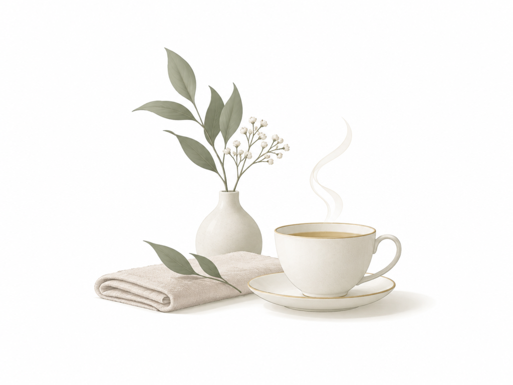 Illustration of a herbal tea cup, folded towel and ceramic vase with sage-green foliage, representing a personal welcome at Orenna Wellness.