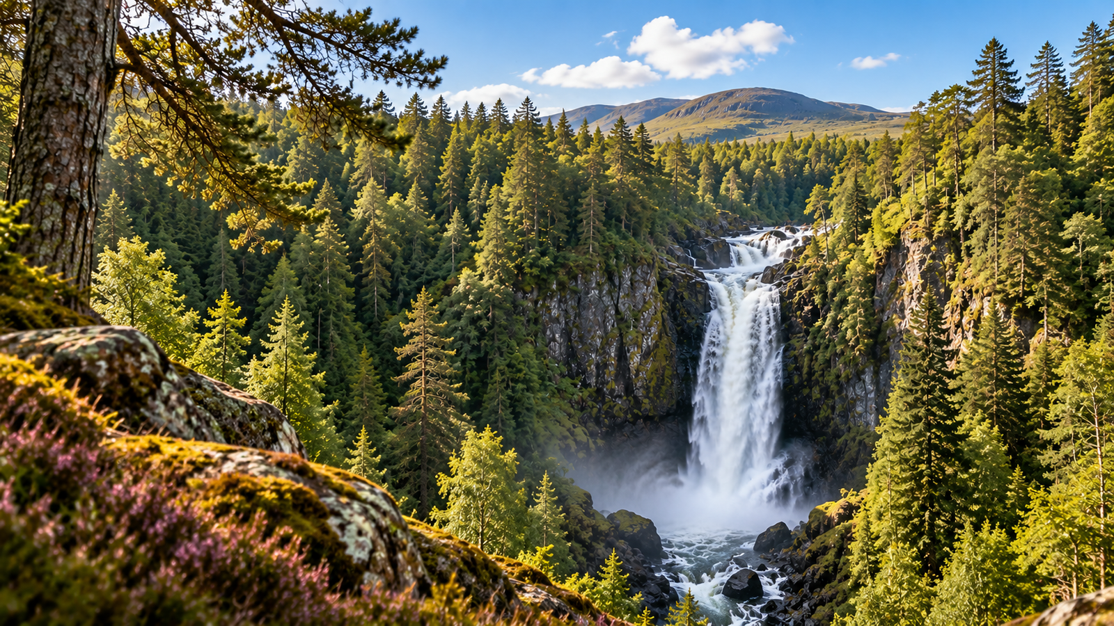 AI-generated illustration of a Highland waterfall cascading through a forested gorge, surrounded by pine trees and sunlit mountains.