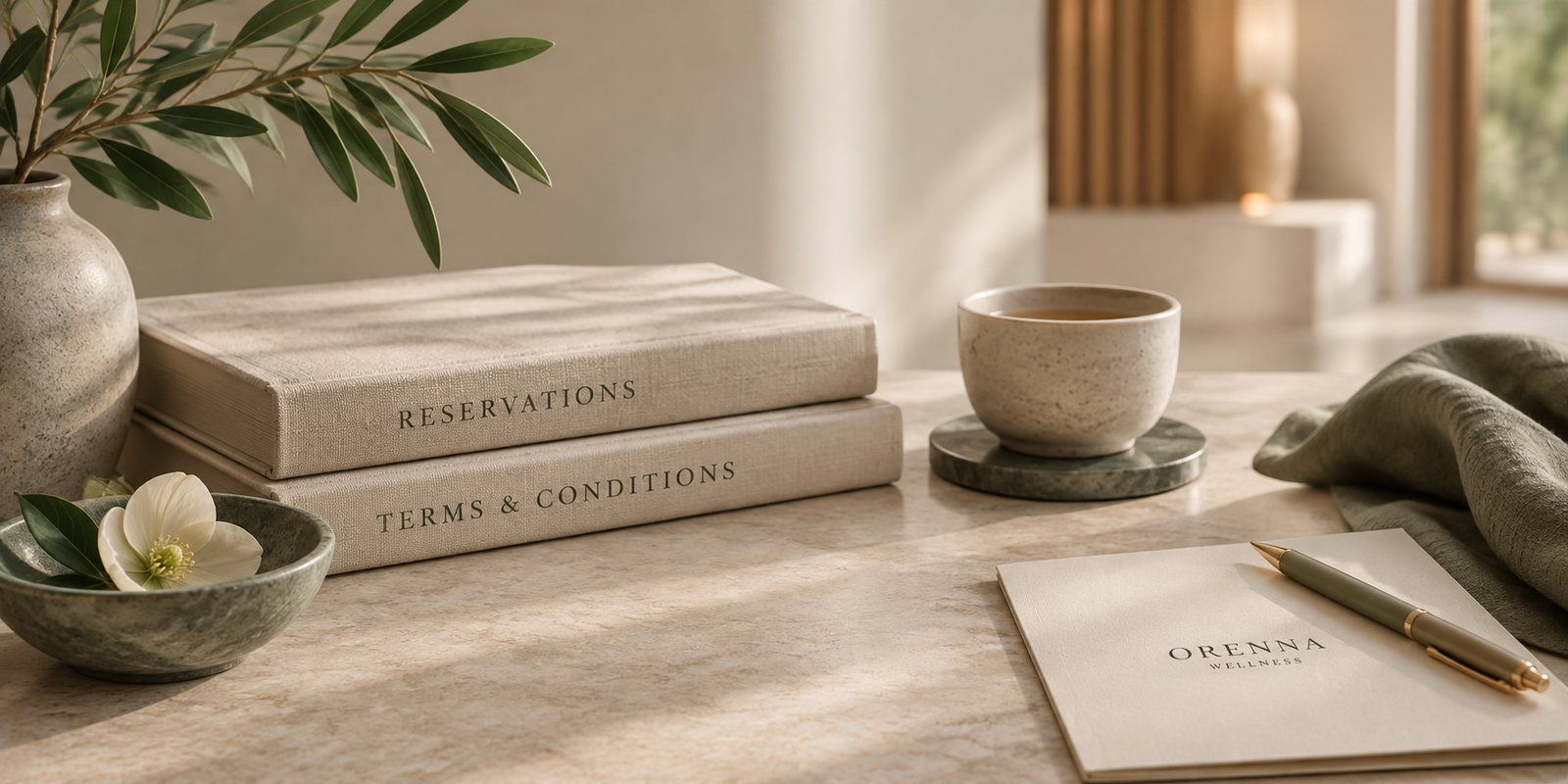 Elegant still life with reservation and terms books, tea and Orenna Wellness stationery.