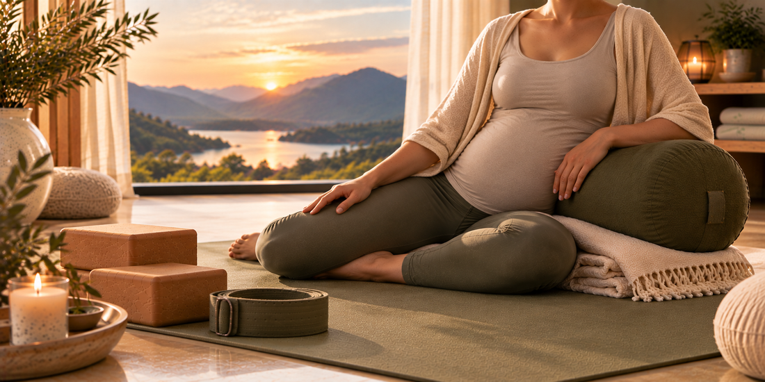 Pregnant woman seated on an olive yoga mat with her arm resting on a bolster, surrounded by blankets and cork blocks for supported prenatal yoga.