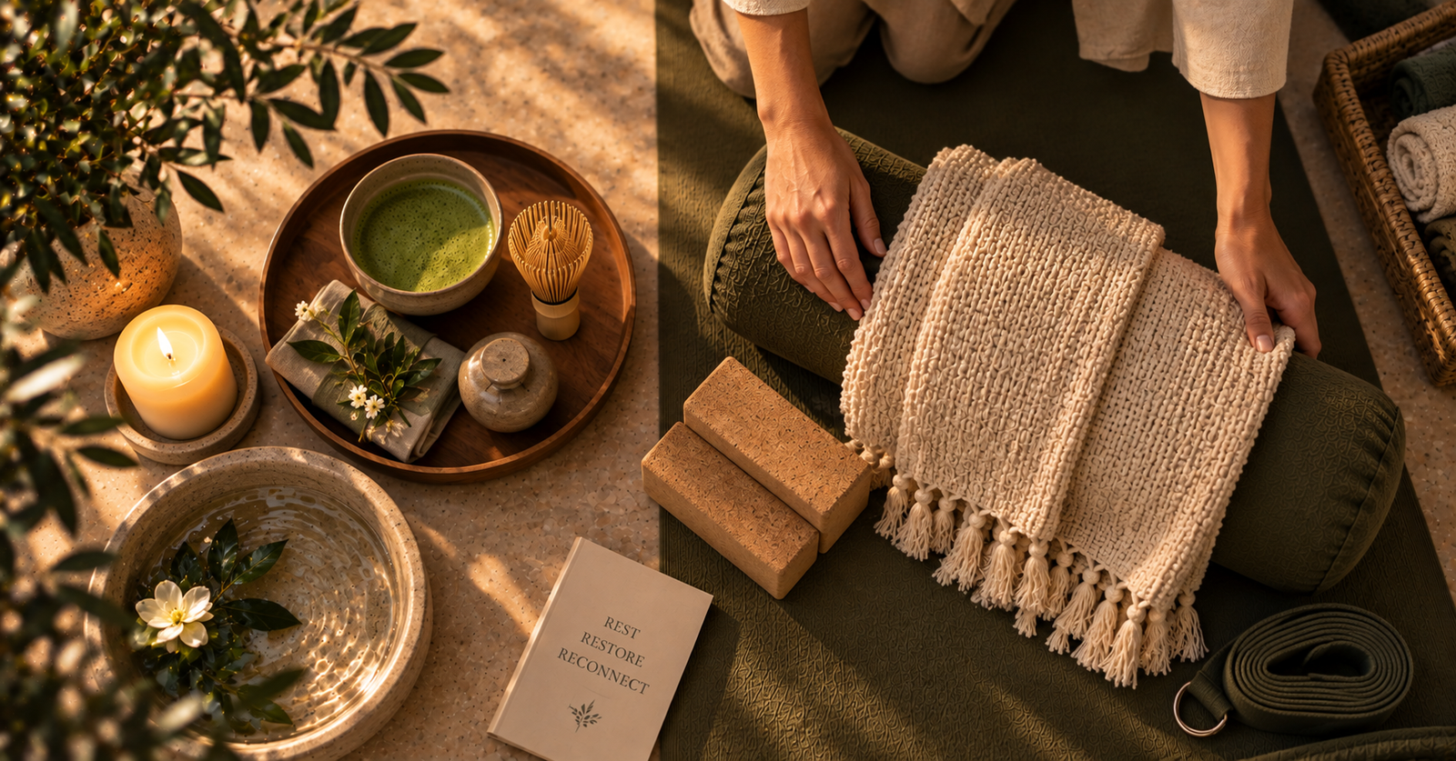 Bespoke yoga experience in Inverness with personalised props, sensory details and matcha ritual at Orenna Wellness