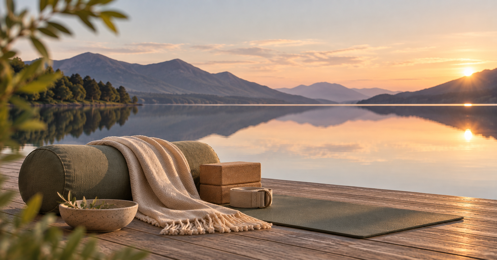 Yin Yoga mat, bolster and soft blanket beside a mirror-still Highland loch, reflecting mountains and warm sunset light.