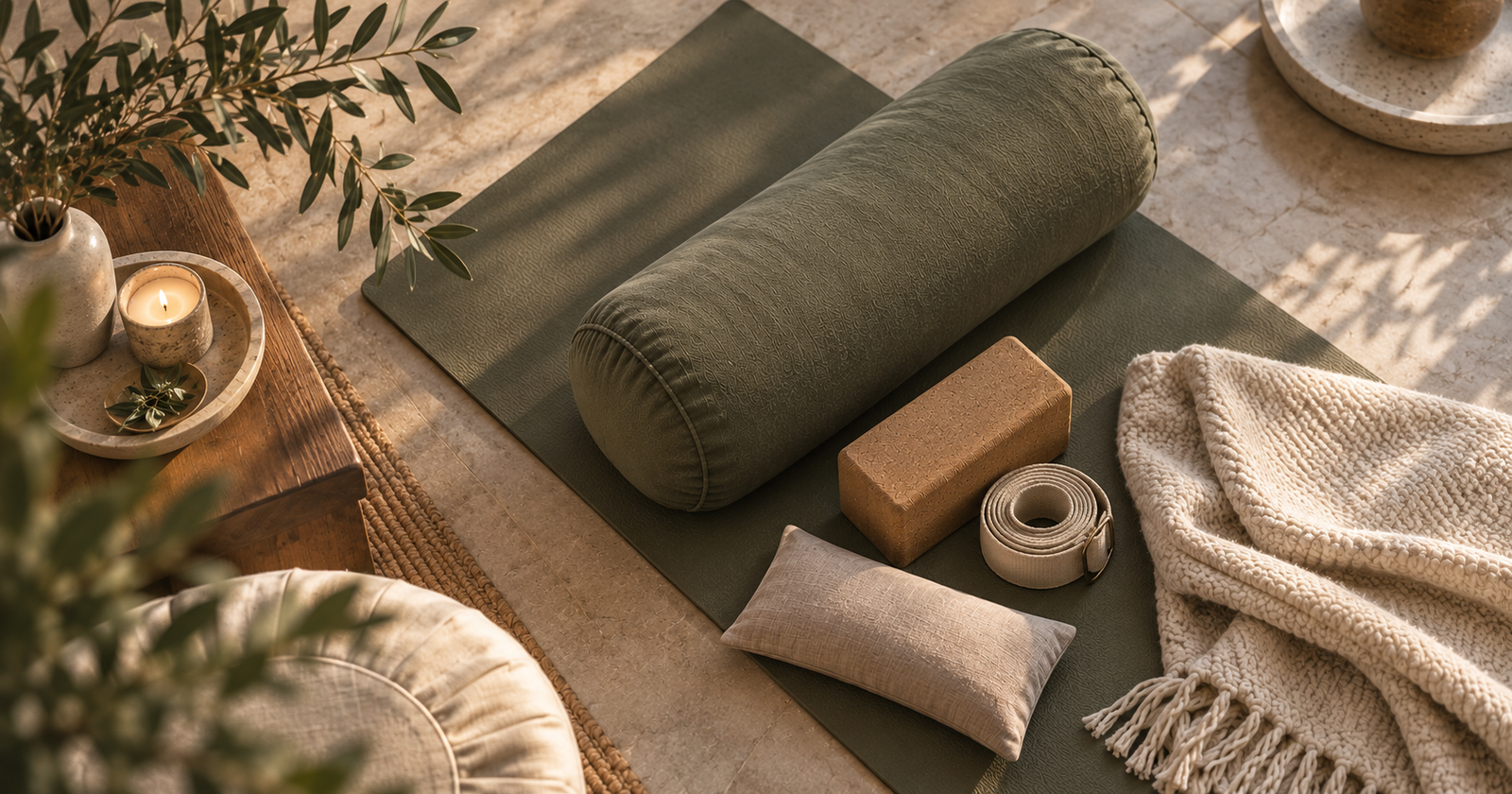 Overhead view of Yin Yoga props, including a bolster, cork block, strap and blanket, arranged on a yoga mat in warm natural light.