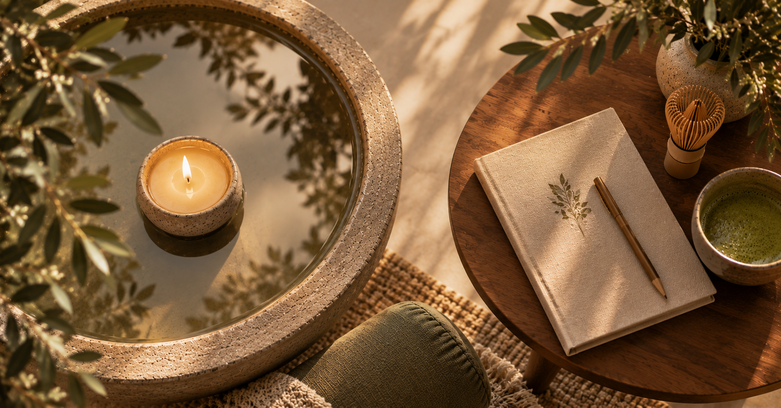 Still water, candle, reflection journal and matcha setting for a bespoke yoga experience at Orenna Wellness
