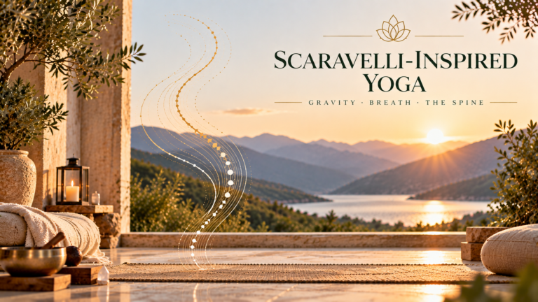 Scaravelli-inspired Yoga image with an empty yoga mat and flowing lines symbolising gravity, breath and movement through the spine.