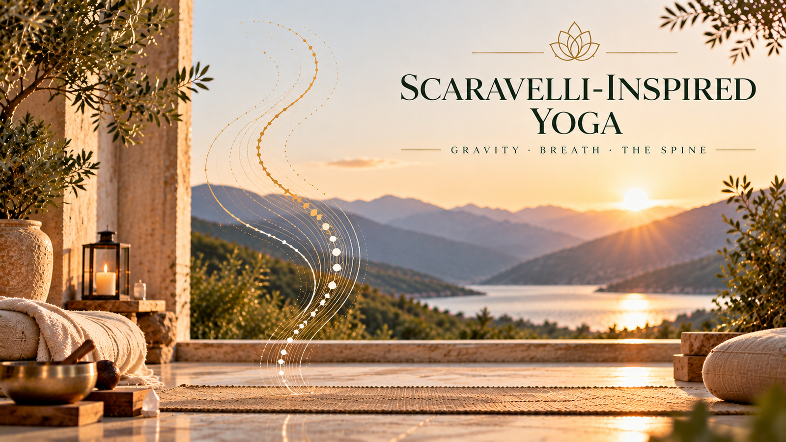 Scaravelli-inspired Yoga image with an empty yoga mat and flowing lines symbolising gravity, breath and movement through the spine.