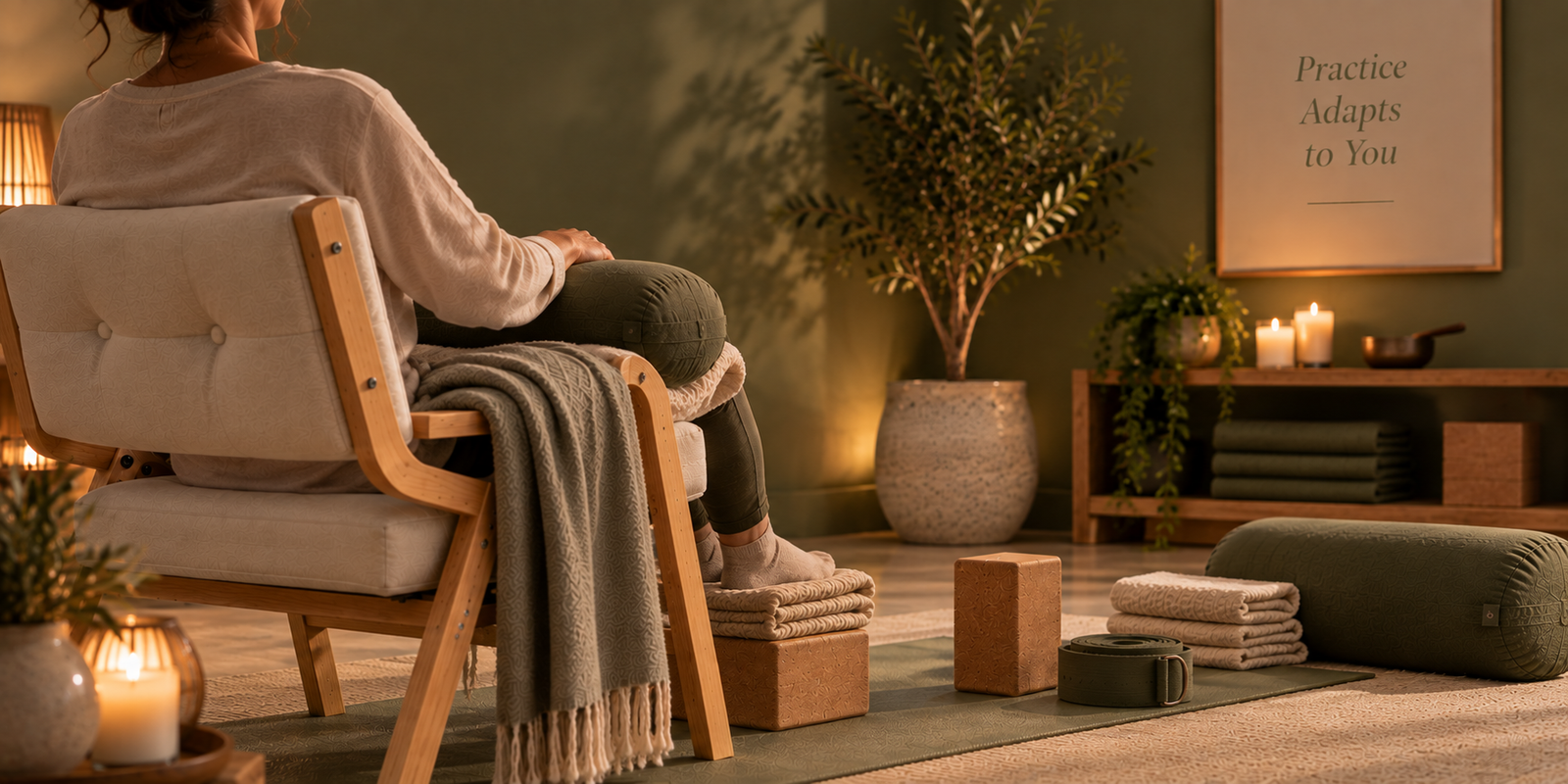 Person practising adaptive chair yoga with a supportive bolster, cushioned footrest and blankets in a softly lit studio.