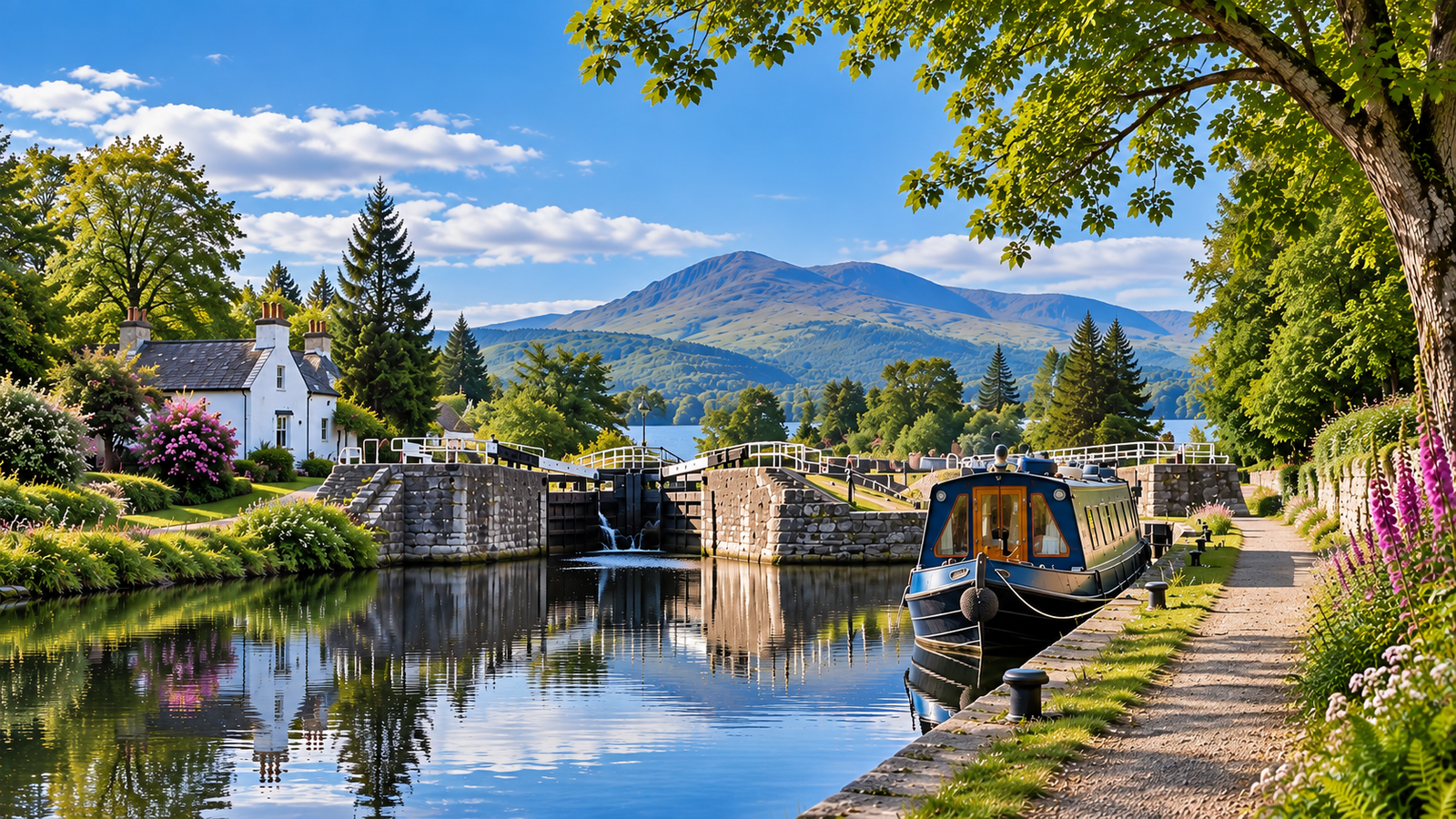 Caledonian Canal-inspired scene with a moored boat, stone locks and a peaceful towpath overlooking the Highland mountains.